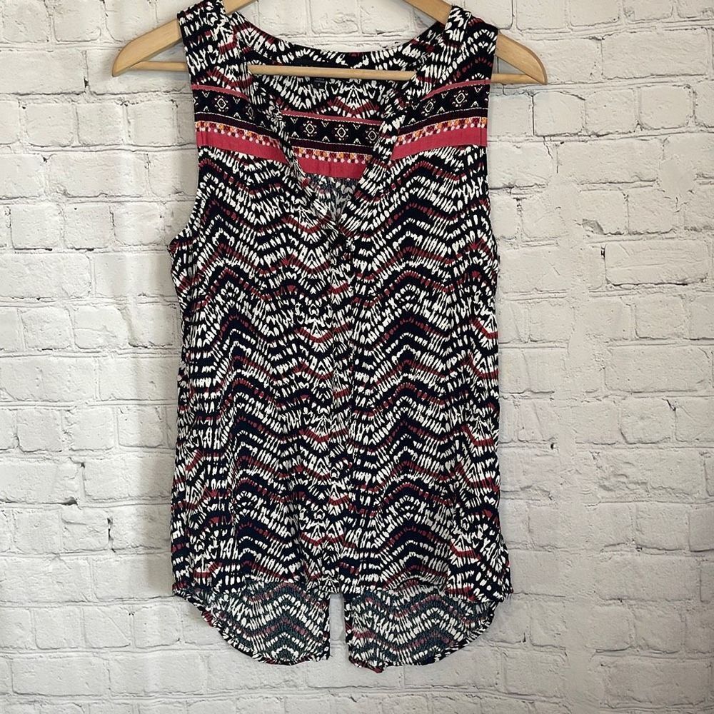 Sanctuary Women’s Black White Orange Hi‎ Low Sleeveless Rayon Blouse size small